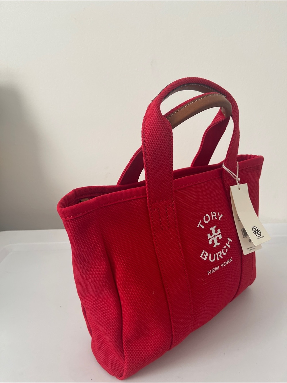 Tory Burch Small Red Canvas Tote with Logo Patch - Picture 4 of 5